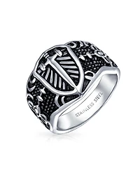 Bling Jewelry Religious Viking Shield Maltase Fleur De Lis Cross Signet Band Ring Oxidized Silver Tone Stainless Steel