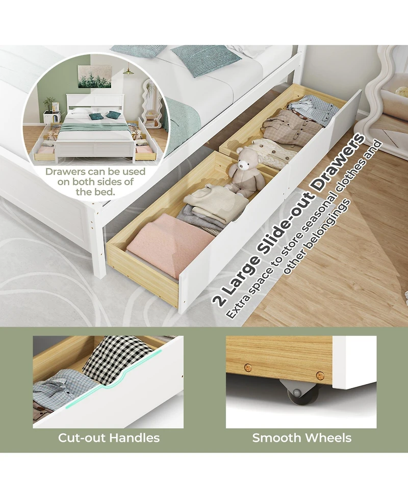 Full Size Bed Frame with Storage Drawers and Solid Wood Headboard