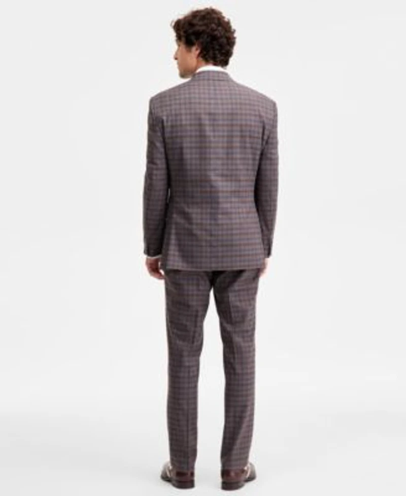 Tayion Collection Mens Classic Fit Tan Blue Plaid Suit Separates