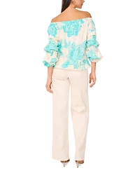 Vince Camuto Women's Floral Linen-Blend Off-The-Shoulder Bubble 3/4-Sleeve Tie-Front Blouse