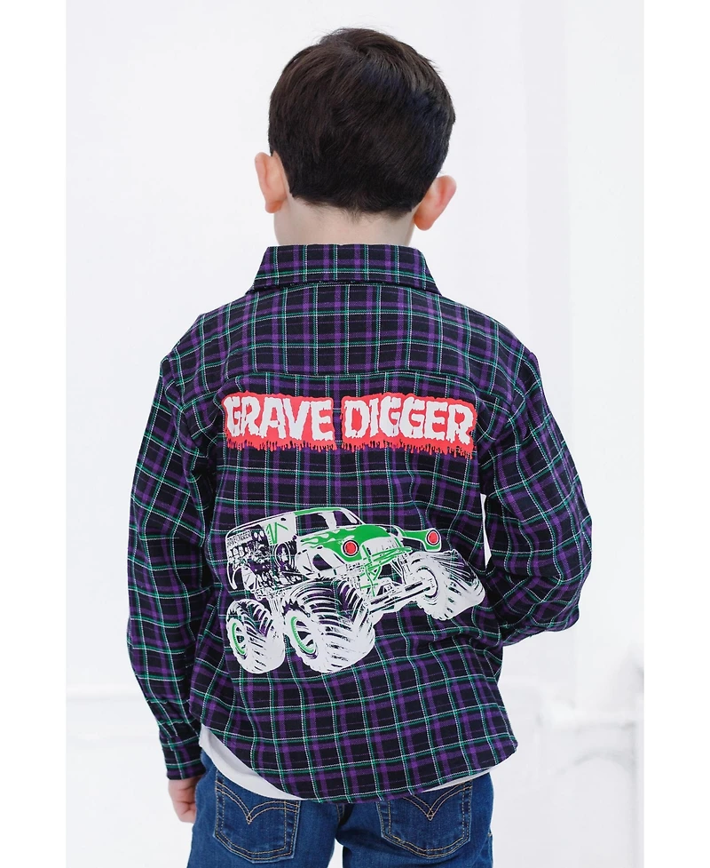 Monster Jam Toddler Boys Grave Digger Truck Flannel Matching Family Button Down Shirt