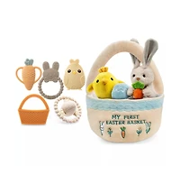 Sperric Toddler Easter Plush and Teether Playset, Includes Bunny, Carrot, Chicken, Rattle Egg & Basket, Perfect Sensory Decorative Gift Newborns