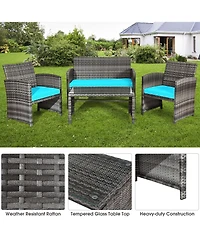 4PCS Patio Rattan Furniture Set Conversation Glass Table Top Cushioned