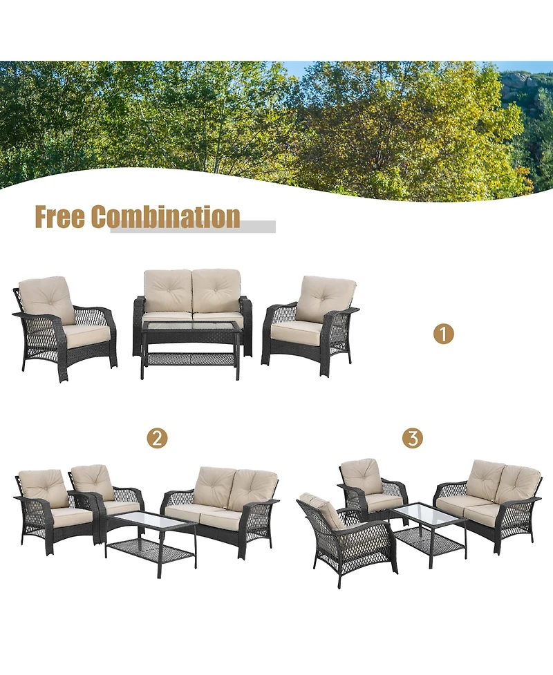 4PCS Patio Wicker Furniture Set Loveseat Sofa Coffee Table W/ Cushion