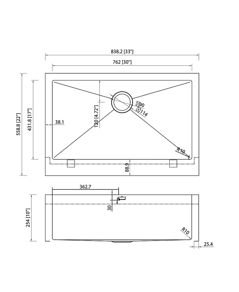 33 Inch Stainless Steel Brushed Kitchen Manual Sink, Straight Edge Apron, Large Single Grooves