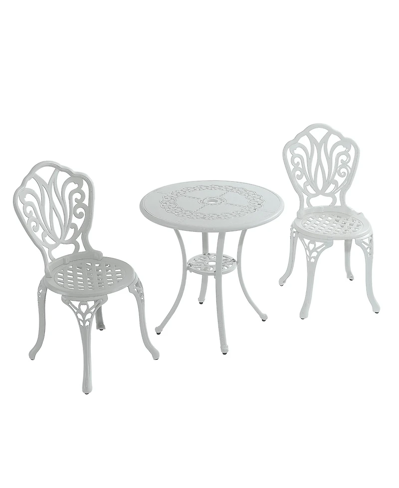 3-Piece Cast Aluminium Patio Bistro Set Outdoor Dining Table and Chairs Patio Bistro Table with Umbrella Hole Patio Bistro Chairs, White
