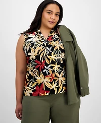 Anne Klein Plus Printed Triple-Pleated V-Neck Top