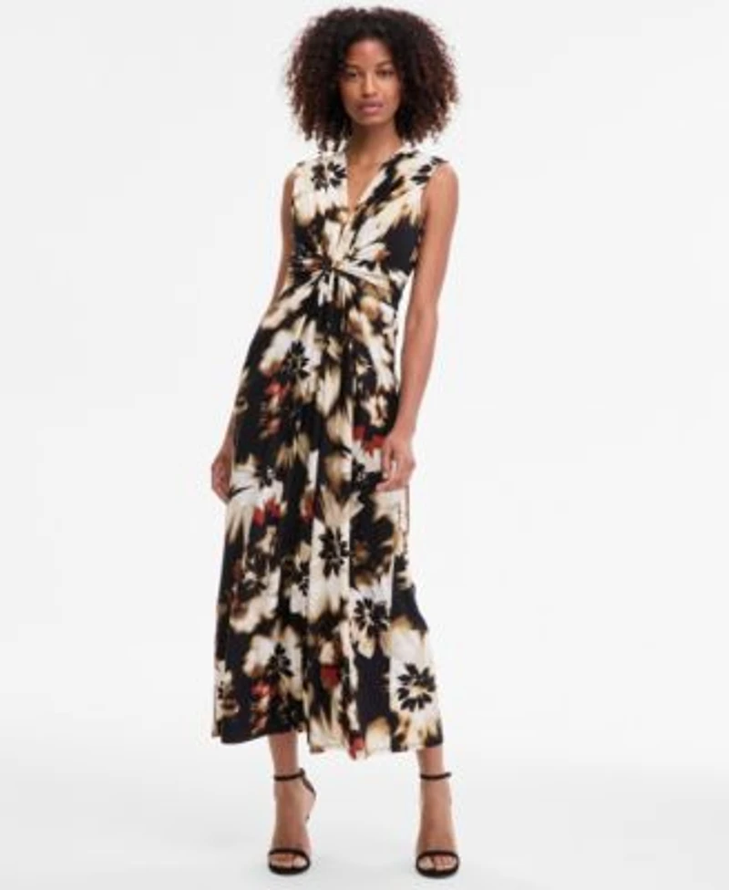 Anne Klein Womens Printed Twist Front Maxi Dress P Xxs Xl