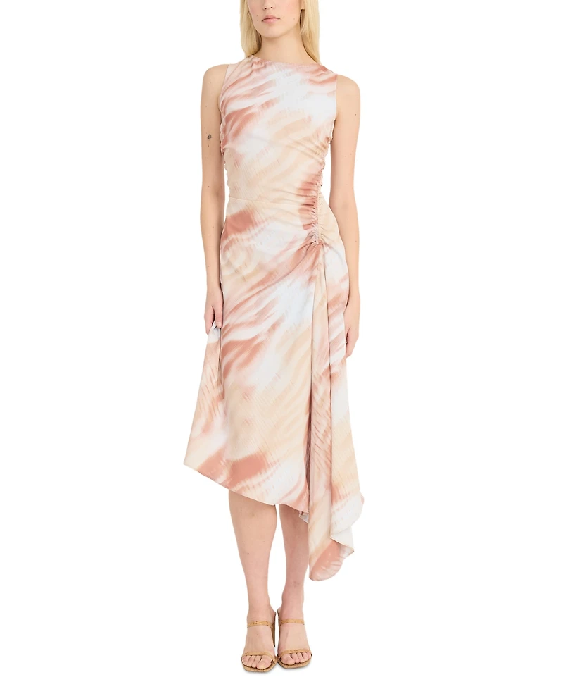 Luxely Women's Printed Ruched Asymmetrical Midi Dress