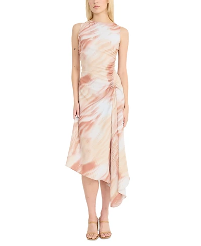 Luxely Women's Printed Ruched Asymmetrical Midi Dress
