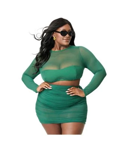 Plus Size Mesh Long Sleeve Swim Top Shirred Skirt Swim Bottom