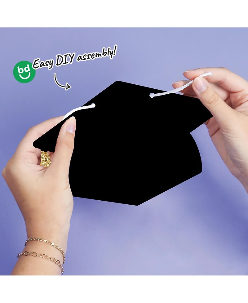 Graduation Cap Garland Banner, 10 Feet of Cord, 15 Black Hats with Gold Tassels