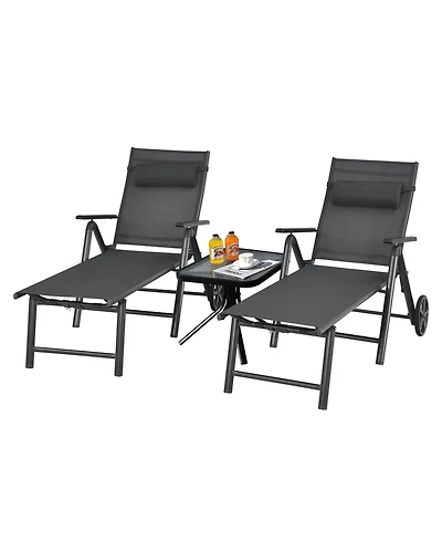 2PCS Patio Lounge Chair W/ Wheels Neck Pillow Aluminum Frame Adjustable