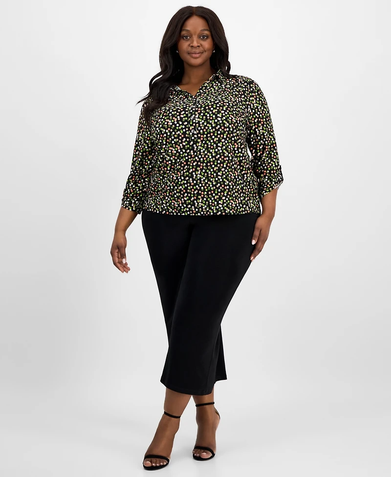Ak Anne Klein Plus Button Roll-Tab Printed Blouse