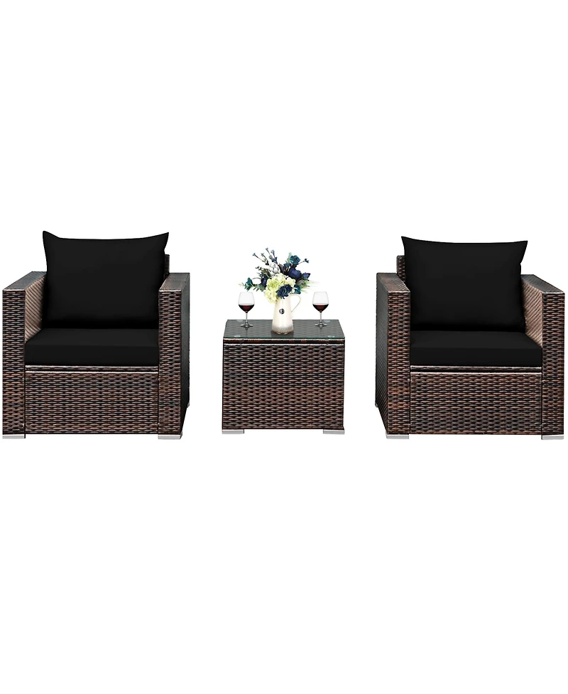 Gymax 3 Piece Outdoor Patio Rattan Conversation Furniture Set w/ Cushions & Coffee Table