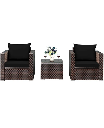 Gymax 3 Piece Outdoor Patio Rattan Conversation Furniture Set w/ Cushions & Coffee Table