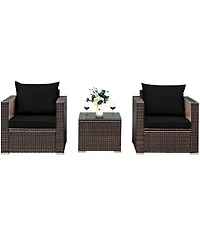 Gymax 3 Piece Outdoor Patio Rattan Conversation Furniture Set w/ Cushions & Coffee Table