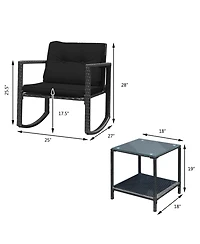 Gymax Set of 3 Rattan Patio Furniture Set Rocking Chair Set w/ Cushions Table
