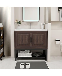 Casainc 36" Bathroom Vanity with White Ceramic Sink & Faucet,Freestanding Bathroom Cabinet with 2 Storage Doors and Open iron Shelf