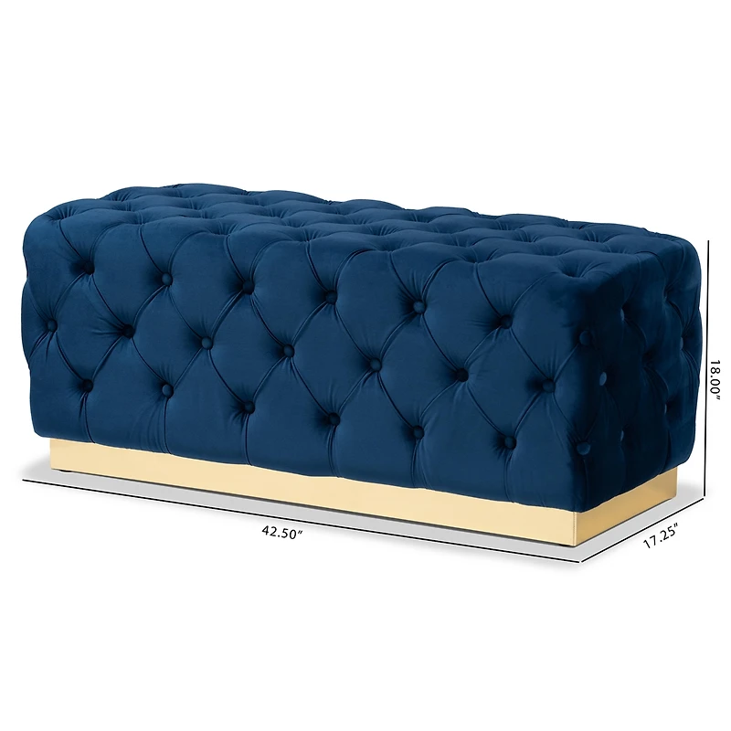 Baxton Studio Corrine Glam and Luxe Navy Blue Velvet Fabric Upholstered and Gold Pu Leather Ottoman
