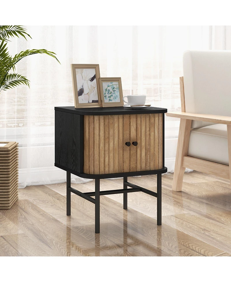 Mid-century Modern Nightstand with Sliding Doors and Storage Cabinet