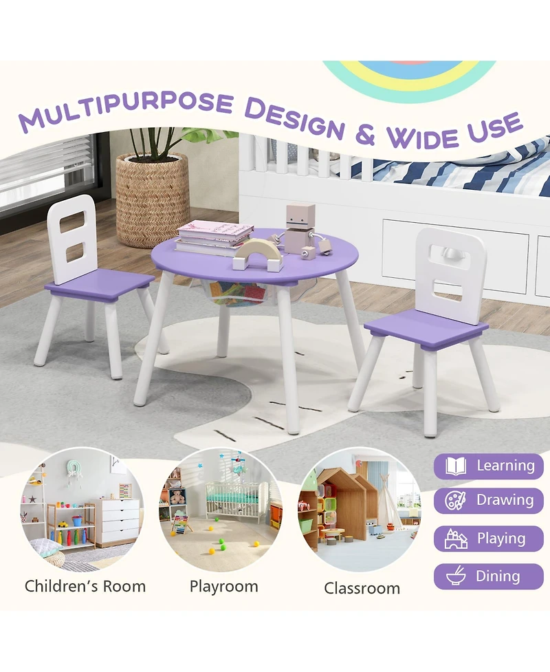 Wood Activity Kids Table and Chair Set with Center Mesh Storage