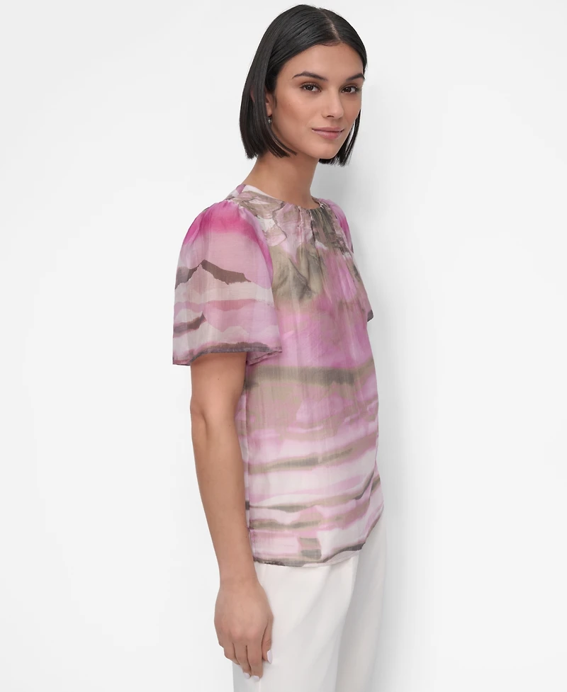 Dkny Petite Printed Puff-Shoulder Blouse
