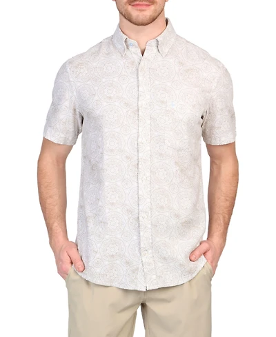 Tailorbyrd Men's Batik Printed Linen Blend Short Sleeve Shirt