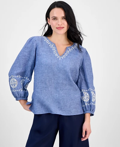 Charter Club Petite Delave Embroidered Linen Blouse, Exclusively at Macy's