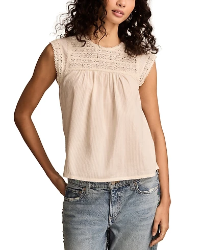 Lucky Brand Women's Lace-Neck Pintuck Cotton Top