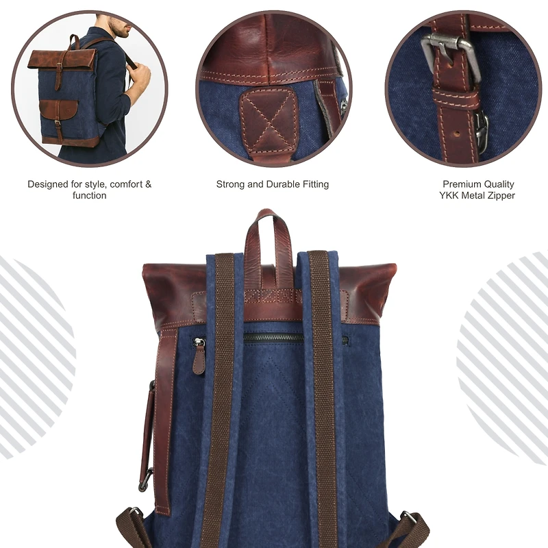 Vintage Canvas Roll Top Backpack with Leather Trim, Laptop Compartment, Adjustable Straps & Front Pocket – Stylish and Durable Travel, School o