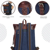 Vintage Canvas Roll Top Backpack with Leather Trim, Laptop Compartment, Adjustable Straps & Front Pocket – Stylish and Durable Travel, School o