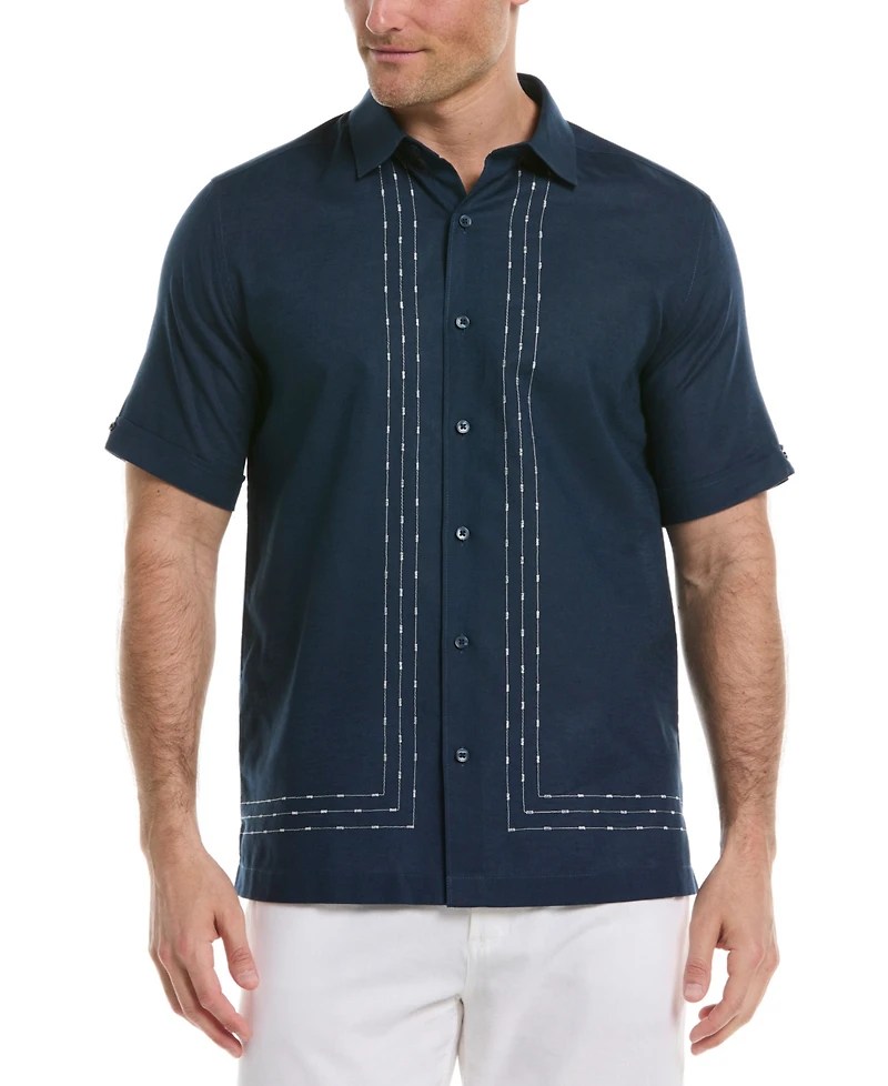 Cubavera Men's Classic-Fit L-Shape Embroidered Linen Blend Button-Down Shirt