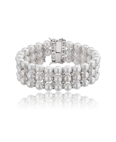 Sterling Silver White Gold Plated Cubic Zirconia 3 Row Pearl Bracelet