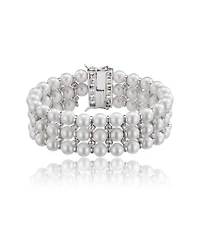 Sterling Silver White Gold Plated Cubic Zirconia 3 Row Pearl Bracelet