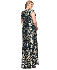 Betsy & Adam Plus Size Metallic Print Cowlneck Gown