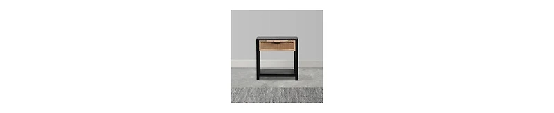 Mango Wood Side Table – Rattan Drawer & Open Shelf Storage