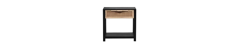 Mango Wood Side Table – Rattan Drawer & Open Shelf Storage