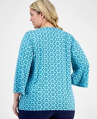 Jm Collection Plus Size Printed Lace-Up Split-Neck Top, Exclusively at Macy's