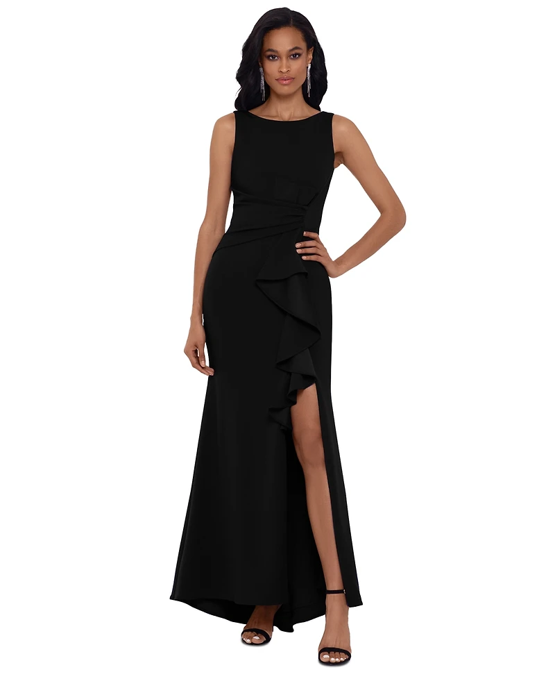 Betsy & Adam Petite Ruffled Boat-Neck Gown