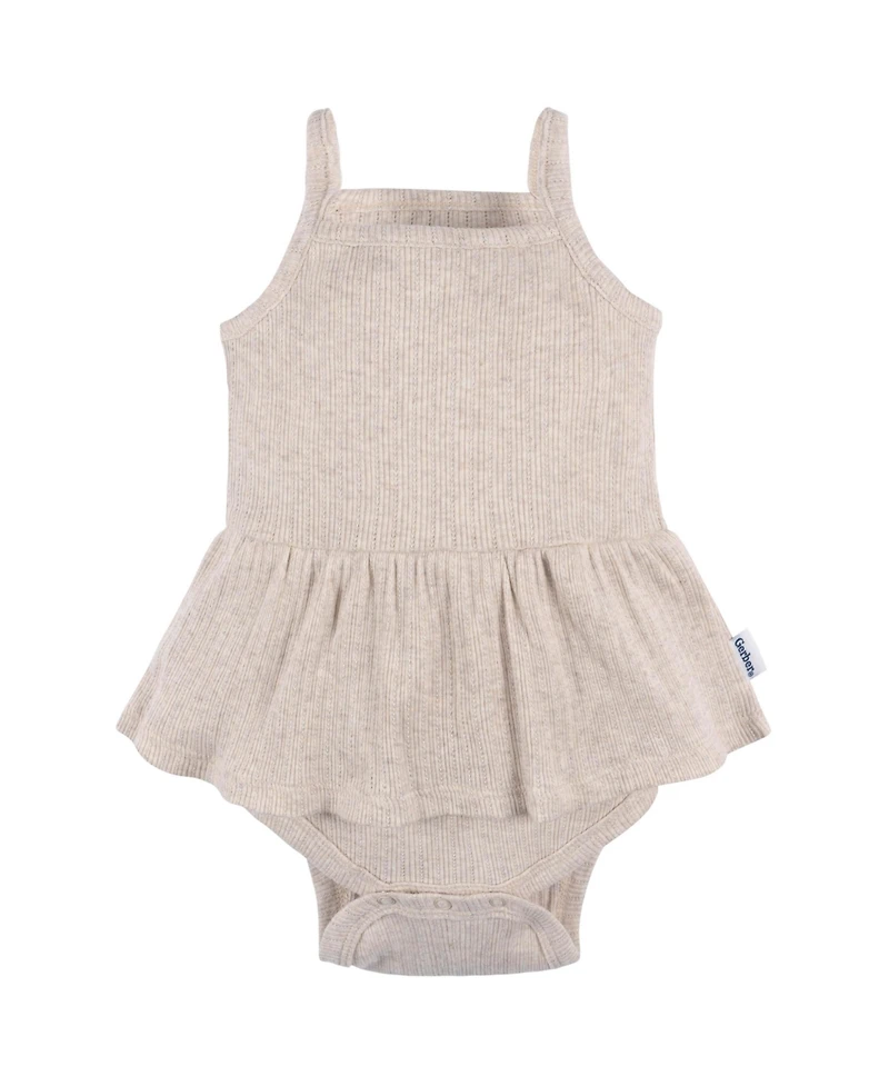 Gerber Baby Girls 3-Pack Sleeveless Skirted Onesies Bodysuits, Antique White, 3-6M