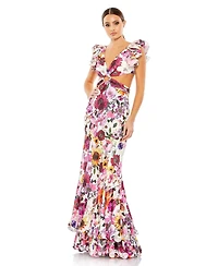 Mac Duggal Women's Floral Print Ruffle Shoulder Cut Out Gown