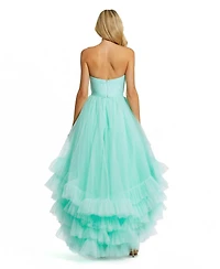Mac Duggal Women's Strapless Ruched Sweetheart Ruffle High Low Gown