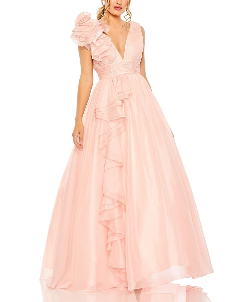 Mac Duggal Women's Ruffle Shoulder V-Neck Chiffon Gown