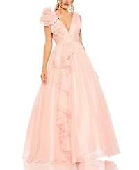 Mac Duggal Women's Ruffle Shoulder V-Neck Chiffon Gown