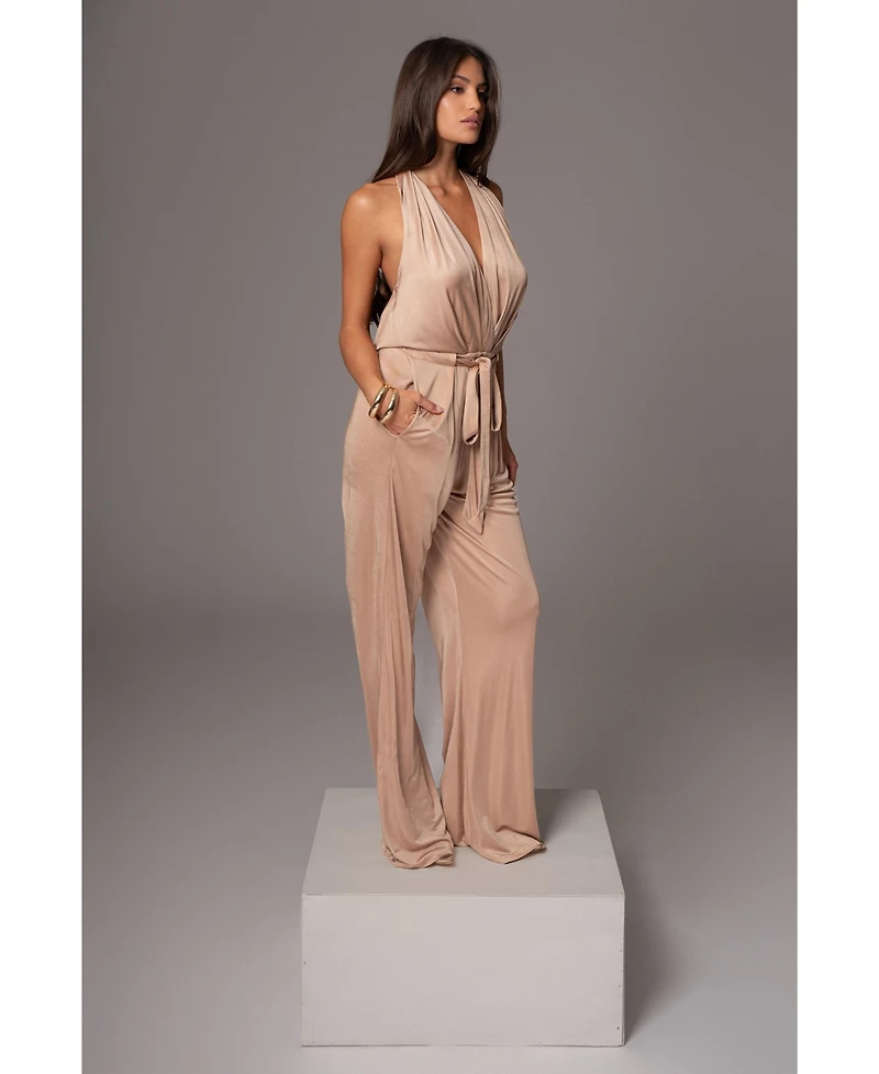 Jluxlabel Women's Slinky Halter Belted Jumpsuit