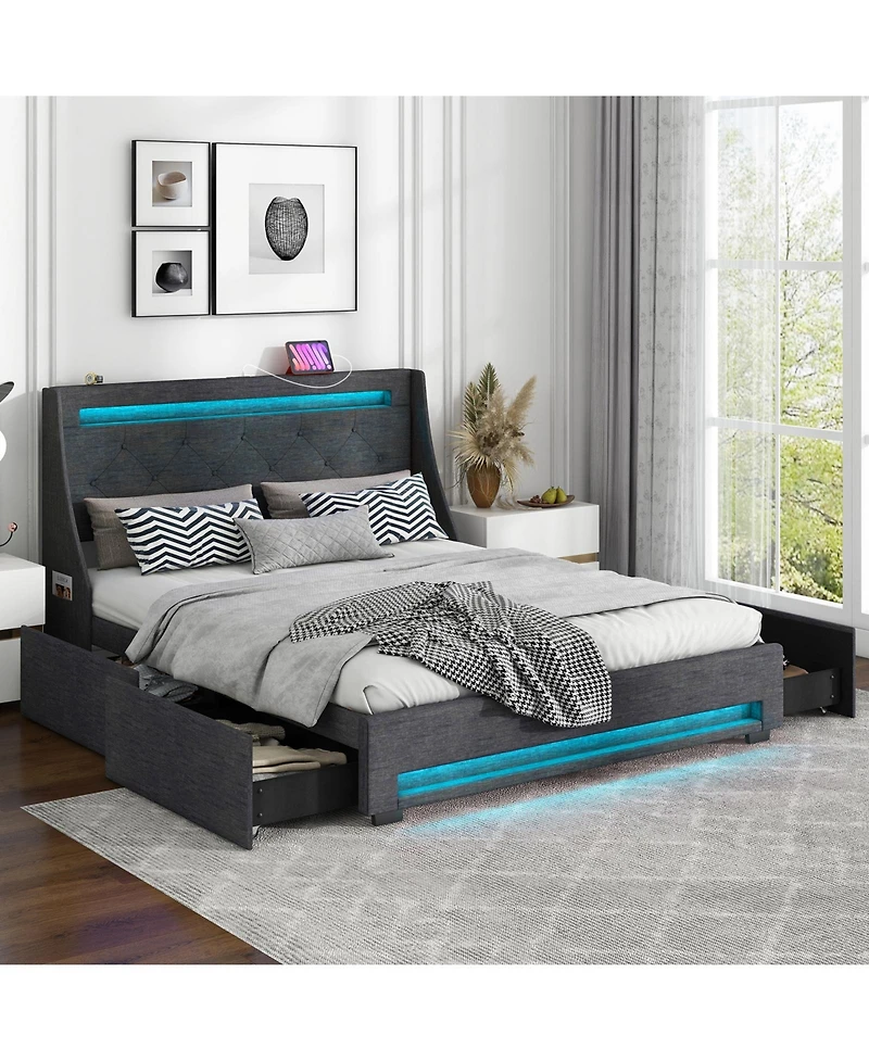 Full Size Bed Frame with Led Lights Wingback Headboard and Charging Station
