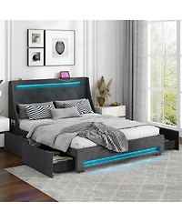 Full Size Bed Frame with Led Lights Wingback Headboard and Charging Station