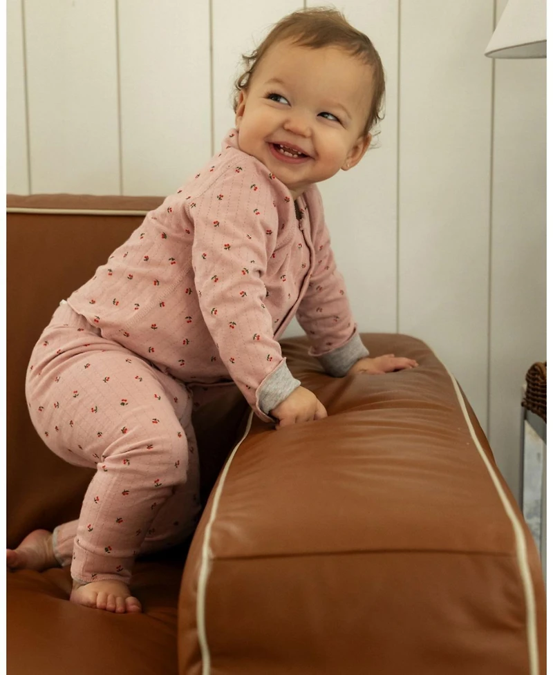 MeMoi Baby Girls 2 Piece Reversible "Sweet Cherry" Pointelle Snap-Up Top and Pants Set