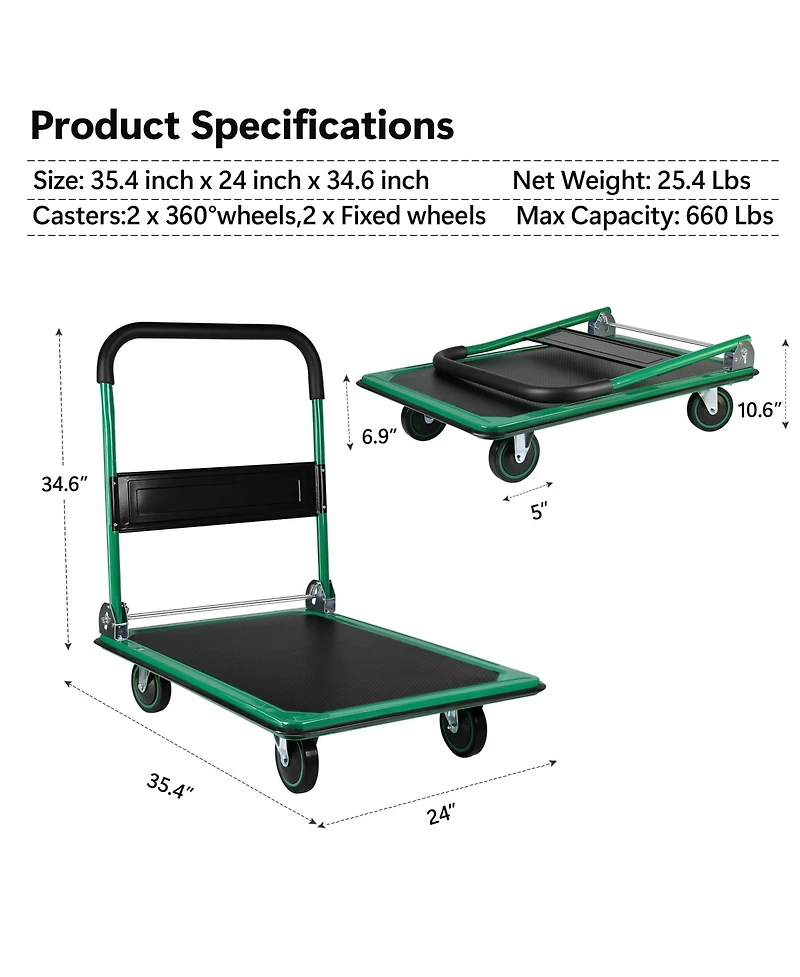 Platform Truck Hand Truck Large Size Foldable Dolly Cart for Moving Easy Storage and 360 Degree Swivel Wheels 660lbs Weight Capacity